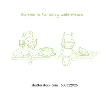 Hand drawn vector illustration of funny cartoon creatures in jump suits and hats, text Summer is for eating watermelons. Design concept for children - postcard, poster, sticker, T-shirt print.