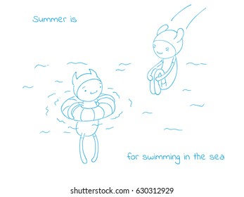 Hand drawn vector illustration of funny cartoon creatures in jump suits and hats, text Summer is for swimming in the sea. Design concept for children - postcard, poster, sticker, T-shirt print