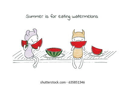 Hand drawn vector illustration of funny cartoon creatures in striped jump suits and hats, text Summer is for eating watermelons. Design concept for children - postcard, poster, sticker, T-shirt print.