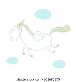 Hand drawn vector illustration of a funny happy smiling winged unicorn flying in the sky among the clouds. Isolated objects on white background. Design concept for postcard, poster, T-shirt print.