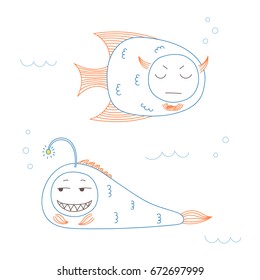 Hand drawn vector illustration of funny fish with cute faces with different expressions, swimming in the sea underwater. Unfilled outline. Isolated objects on white background. Design concept for kids
