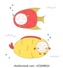 Hand drawn vector illustration of funny fish with cute faces with different expressions, swimming in the sea underwater. Isolated objects on white background. Design concept for children.