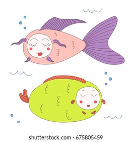 Hand drawn vector illustration of funny fish with cute faces with different expressions, swimming in the sea underwater. Isolated objects on white background. Design concept for children.