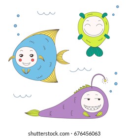 Hand drawn vector illustration of funny fish with cute faces with different expressions, swimming in the sea underwater. Isolated objects on white background. Design concept for children.