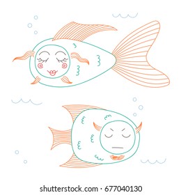 Hand drawn vector illustration of funny fish with cute faces with different expressions, swimming in the sea underwater. Unfilled outline. Isolated objects on white background. Design concept for kids