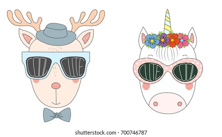 Hand drawn vector illustration of a funny reindeer and unicorn in big sunglasses with words Cute and Cool written inside them. Isolated objects on white background. Design concept for children.