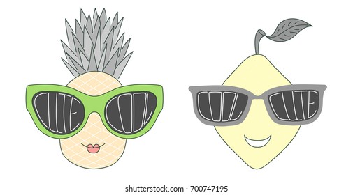 Hand drawn vector illustration of a funny pineapple and lemon in big sunglasses with words Cute and Cool written inside them. Isolated objects on white background. Design concept for children.