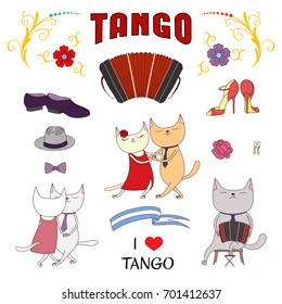Hand drawn vector illustration with funny cute cats in a milonga, dancing and singing argentine tango, playing bandoneon. Isolated objects on white background. Design concept for social dance, tango.