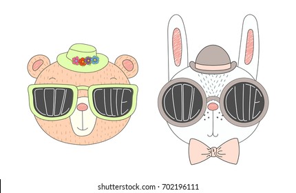 Hand drawn vector illustration of a funny bear and rabbit in hats and big sunglasses with words Cute and Cool written inside them. Isolated objects on white background. Design concept for children.
