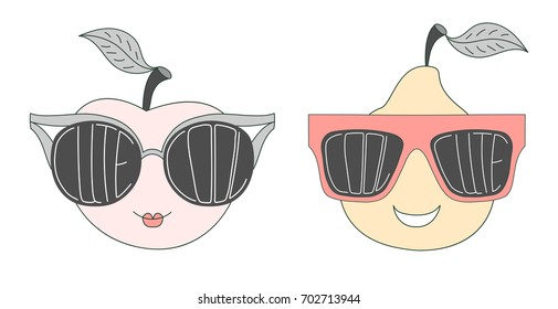 Hand drawn vector illustration of a funny pear and apple in big sunglasses with words Cute and Cool written inside them. Isolated objects on white background. Design concept for children.
