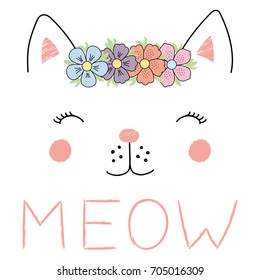 Ilustração vetorial desenhada à mão de um rosto engraçado menina gato em uma cadeia de flores, com texto Meow. Objetos isolados em fundo branco. Conceito de design para crianças.