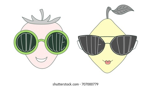 Hand drawn vector illustration of a funny lemon and strawberry in big sunglasses with words Cute and Cool written inside them. Isolated objects on white background. Design concept for children.