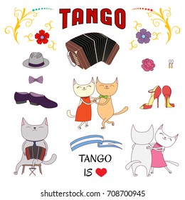 Hand drawn vector illustration with funny cute cats in a milonga, dancing and singing argentine tango, playing bandoneon. Isolated objects on white background. Design concept for social dance, tango.