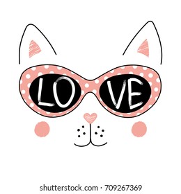 Hand drawn vector illustration funny cat face in sunglasses  and text Love written inside the lenses  Isolated objects white background  Design concept for children 
