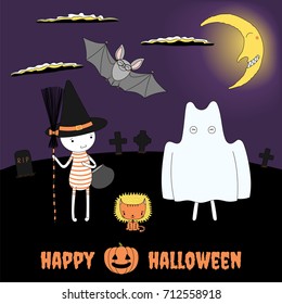 Hand drawn vector illustration of funny cartoon characters dressed in Halloween costumes of witch and ghost, cat with a lion mane, smiling crescent moon and bat in the sky. Design concept for kids.