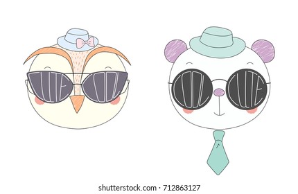Hand drawn vector illustration of a funny owl and panda in hats and big sunglasses with words Cute and Cool written inside them. Isolated objects on white background. Design concept for children.