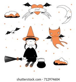 Hand drawn vector illustration of a funny cartoon witch girl in a hat, flying on a broomstick, and a cat with bat wings, with text on a ribbon, heart, moon and stars. Design concept kids, Halloween.