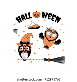 Hand drawn vector illustration of funny cartoon owls, one with a ribbon, another in a witch hat, glasses and bow tie, flying on a broomstick, with text and pumpkin. Design concept for kids, Halloween.
