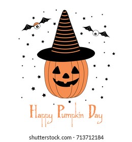 Hand drawn vector illustration of a funny cartoon pumpkin in a striped pointy hat, with eyes on bat wings, with text Happy Halloween. Isolated objects on white background. Design concept for kids.