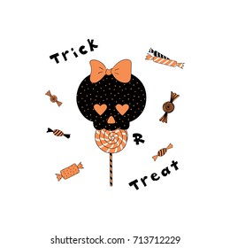 Hand drawn vector illustration of a funny cartoon skull with heart shaped eyes, eating lollipop, with candy and text Trick or Treat. Isolated objects on white background. Design concept Halloween.