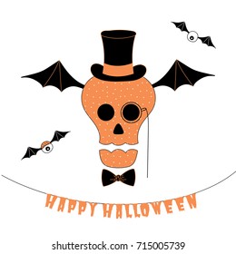 Hand drawn vector illustration of a funny cartoon skull in a bow tie, top hat and monocle, flying on bat wings, with hanging text Happy Halloween. Isolated objects on white background. Design concept.