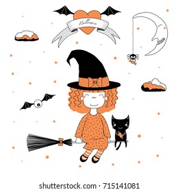 Hand drawn vector illustration of a funny cartoon witch girl with bows, flying on a broomstick with a cat holding candy, with text on a ribbon, heart, moon and stars. Design concept kids, Halloween.