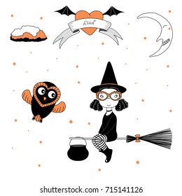 Hand drawn vector illustration of a funny cartoon witch girl in glasses, hat, flying on a broomstick, and a cute owl, with text on a ribbon, heart, moon and stars. Design concept kids, Halloween.