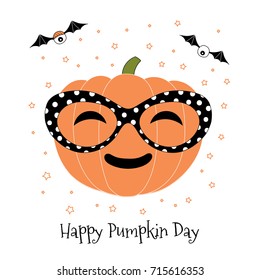 Hand drawn vector illustration of a funny cartoon pumpkin in big polka dots glasses, with eyes on bat wings, with text Happy Pumpkin Day. Isolated objects on white background. Design concept Halloween