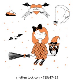 Hand drawn vector illustration of a funny cartoon witch girl with a bow, flying on a broomstick with an owl in a hat, with text on a ribbon, heart, moon and stars. Design concept kids, Halloween.