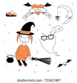 Hand drawn vector illustration of a funny cartoon witch girl in a hat, flying on a broomstick, and a ghost saying Meow (Nya) in Japanese, with text, heart, moon, stars. Design concept kids, Halloween.