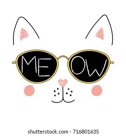 Hand drawn vector illustration of a funny cat face in sunglasses, with text Meow written inside the lenses. Isolated objects on white background. Design concept for children.