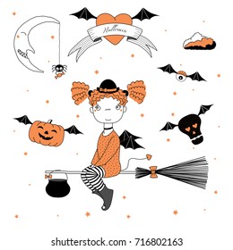Hand drawn vector illustration of a funny cartoon witch girl in a bowler hat, flying on a broomstick, pumpkin and skull on bat wings, text on ribbon, heart, moon, stars. Design concept kids, Halloween