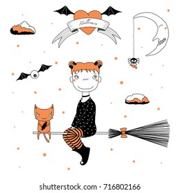 Hand drawn vector illustration of a funny cartoon witch girl with bows, flying on a broomstick with a cat holding candy, with text on a ribbon, heart, moon and stars. Design concept kids, Halloween.