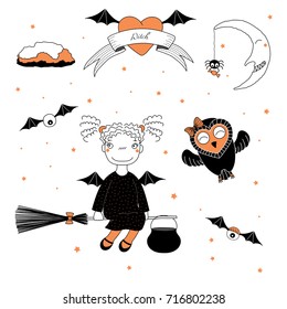 Hand drawn vector illustration of a funny witch girl with pig tails and bat wings, flying on a broomstick, and a cute owl, with text on a ribbon, heart, moon and stars. Design concept kids, Halloween.