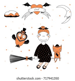 Hand drawn vector illustration of a funny cute cartoon witch girl, flying on a broomstick with a cat, and owl in a top hat, text on a ribbon, heart, moon and stars. Design concept kids, Halloween.