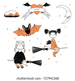 Hand drawn vector illustration of a funny cute cartoon witch girls with pig tails, horns, wings, flying on broomsticks, bat, text on a ribbon, heart, moon and stars. Design concept kids, Halloween.