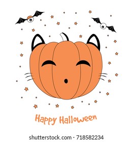 Hand drawn vector illustration of a funny cartoon pumpkin with cat ears and whiskers, with eyes on bat wings, with text Happy Halloween. Isolated objects on white background. Design concept for kids.