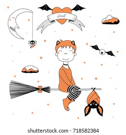 Hand drawn vector illustration of a funny cartoon witch girl with cat ears, flying on a broomstick with a hanging bat, with text on a ribbon, heart, moon and stars. Design concept kids, Halloween.