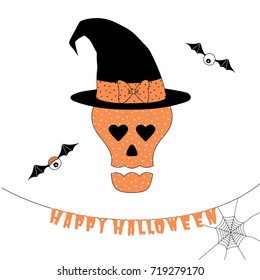 Hand drawn vector illustration of a funny cartoon skull with heart shaped eyes, in a witch hat with a bow, with hanging text Happy Halloween. Isolated objects on white background. Design concept kids.