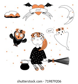 Hand drawn vector illustration of a funny cute cartoon witch girl, flying on a broomstick, owl and ghost in flower chains, text on a ribbon, heart, moon and stars. Design concept kids, Halloween.