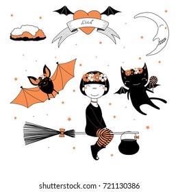 Hand drawn vector illustration of a funny cute cartoon witch girl, flying on a broomstick, cat and bat in flower chains, text on a ribbon, heart, moon and stars. Design concept kids, Halloween.