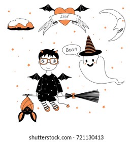 Hand drawn vector illustration of a funny cute cartoon witch girl, flying on a broomstick with a bat, and ghost in striped hat, text on a ribbon, heart, moon and stars. Design concept kids, Halloween.