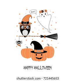 Hand drawn vector illustration of a funny owl on a broomstick, spider holding candy, ghost in a flower chain, pumpkin, text Happy Halloween. Isolated objects on white background. Design concept kids.