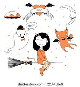 Hand drawn vector illustration of a funny cute cartoon witch girl, flying on a broomstick, cat with a lollipop and ghost, text on a ribbon, heart, moon and stars. Design concept kids, Halloween.