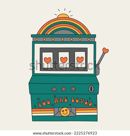Hand drawn vector illustration of gaming slot machine in groovy style. Prize winner concept. Abstract jackpot with hearts for valentine day. Cartoon casino element