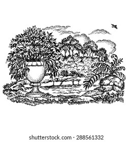 Hand drawn vector illustration. Garden with a pond, a vase with the flowers and the flying bird.