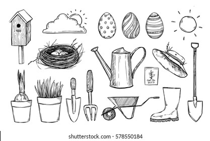 Hand drawn vector illustration. Garden collection (birdhouse, nest, tools, seeds, seedlings, watering can). Spring icons in sketch style.  Perfect for invitations, greeting cards, blogs, posters 