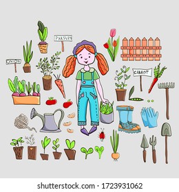 Hand drawn vector illustration of Gardener girl with vegetables , flowers, vegetable seedlings, seeds, garden tools, rubber boots and gloves.