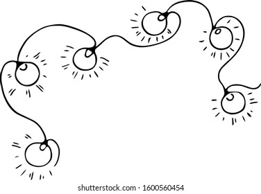 Hand drawn vector illustration. Garland with round lights. Black lines on white, Doodle, sketch, simple drawing. Cute, funny, for decor, background.