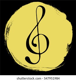 a hand drawn vector illustration of a vector g-clef on a circle grunge background